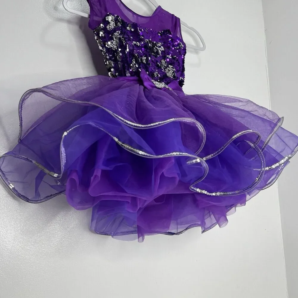 Weissman Dance Costume IC Sequins Jewel Curly Hem Tricot Skirt Bow Purple